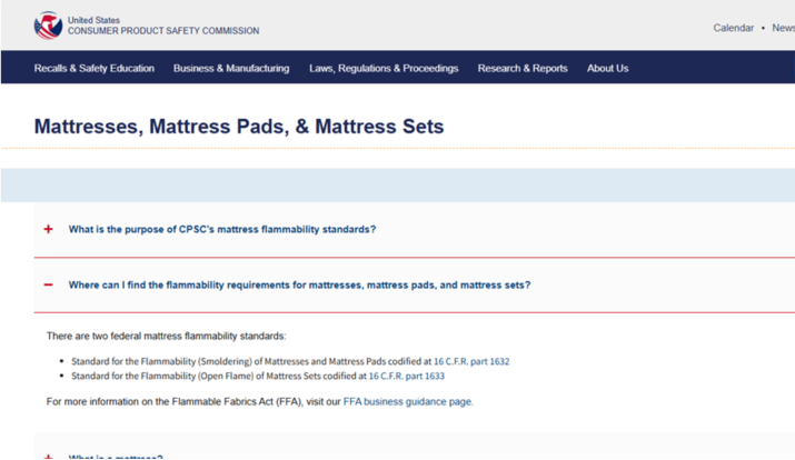 多款床垫被美国 CPSC 下架，16 CFR 1633/1632 防火要求再受关注