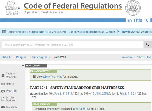 5月3日生效！美国批准婴儿床床垫安全标准（16 CFR 1241）的修正案