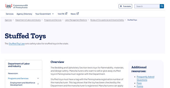 消息！宾夕法尼亚州（PA）对填充类玩具产品的法律标注册要求发生重大变化
