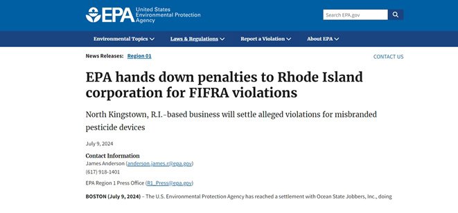 EPA对违反FIFRA法案公司开出罚单